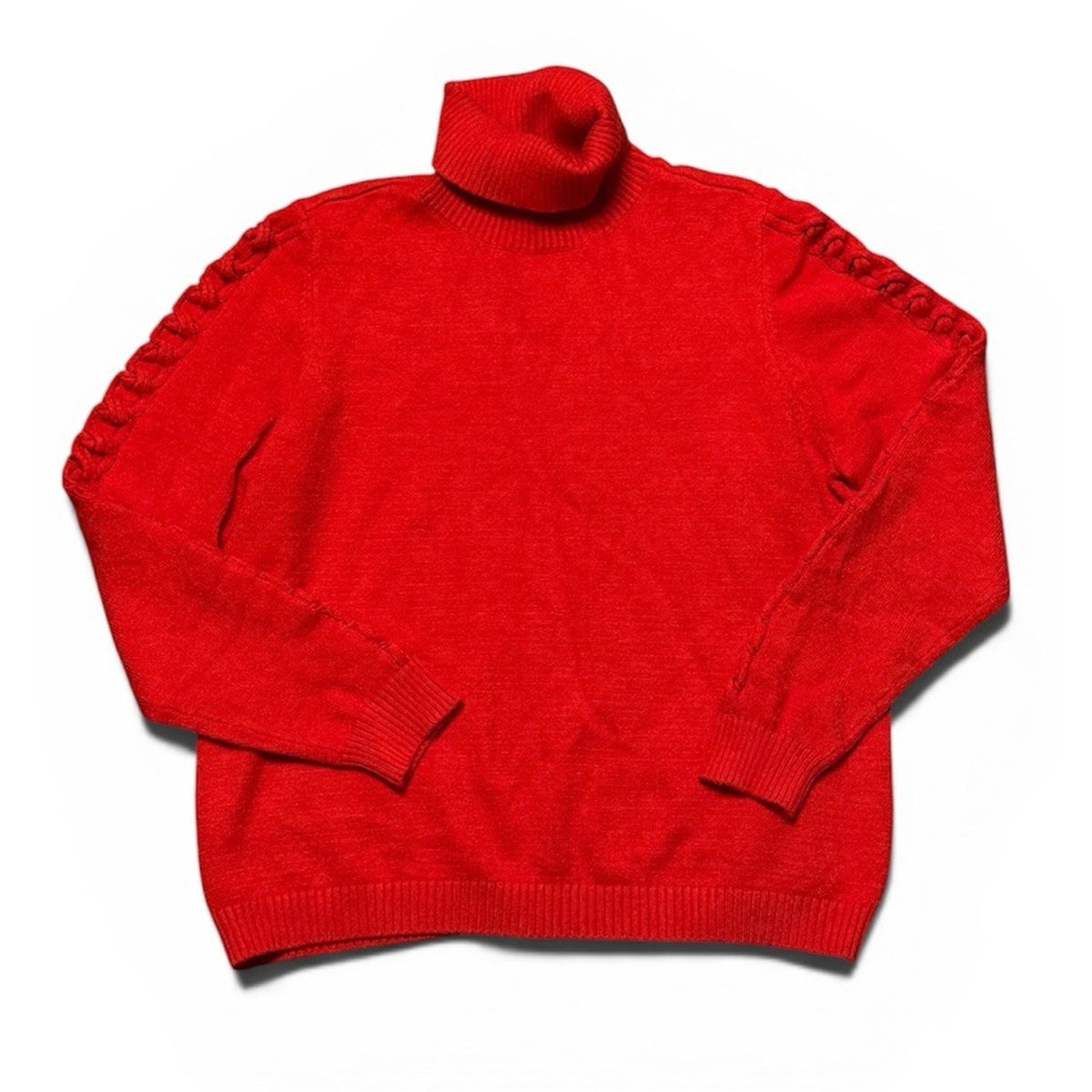 Eva Mendes Red Turtleneck Sweater 3X Cable Sleeve Detail Soft Knit Cozy Bold