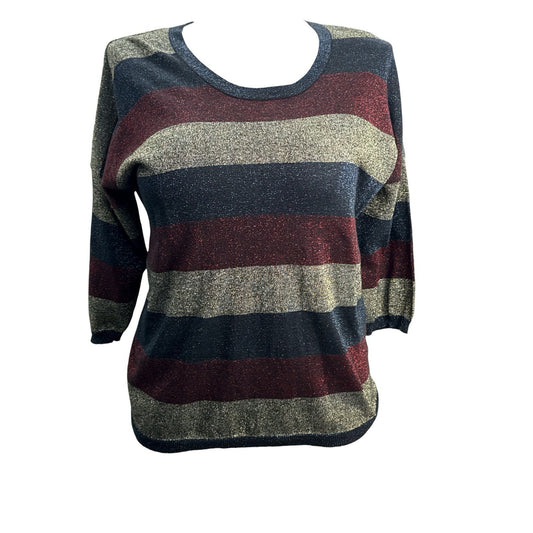Spense Knit Metallic Stripe Top Womens L Navy Burgundy Gold Button Back