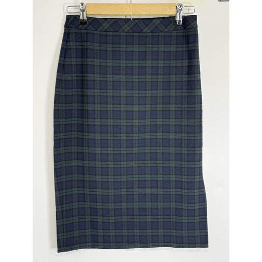Banana Republic Plaid Pencil Skirt Size 0 Blue Green Side Slit Zip
