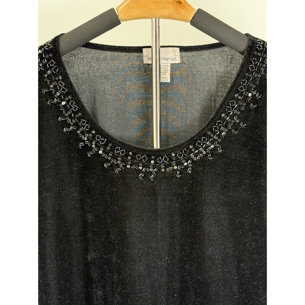 Rene Margo L Black Velvet Beaded Top Long Sleeve Stretch Embellished Scoop Neck