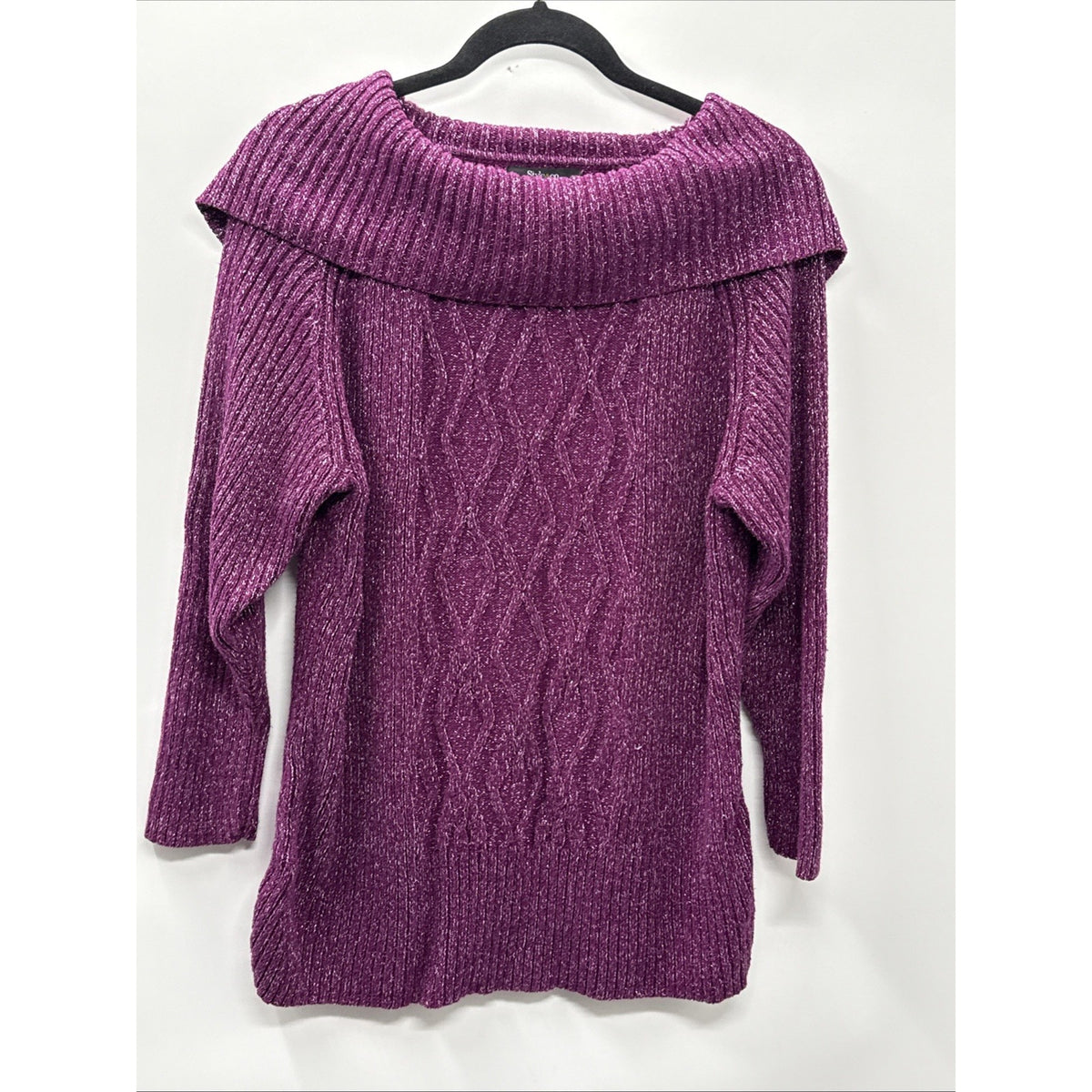 Style & Co Womens 0X Purple Metallic Cable Knit Sweater Wide Collar Shimmer