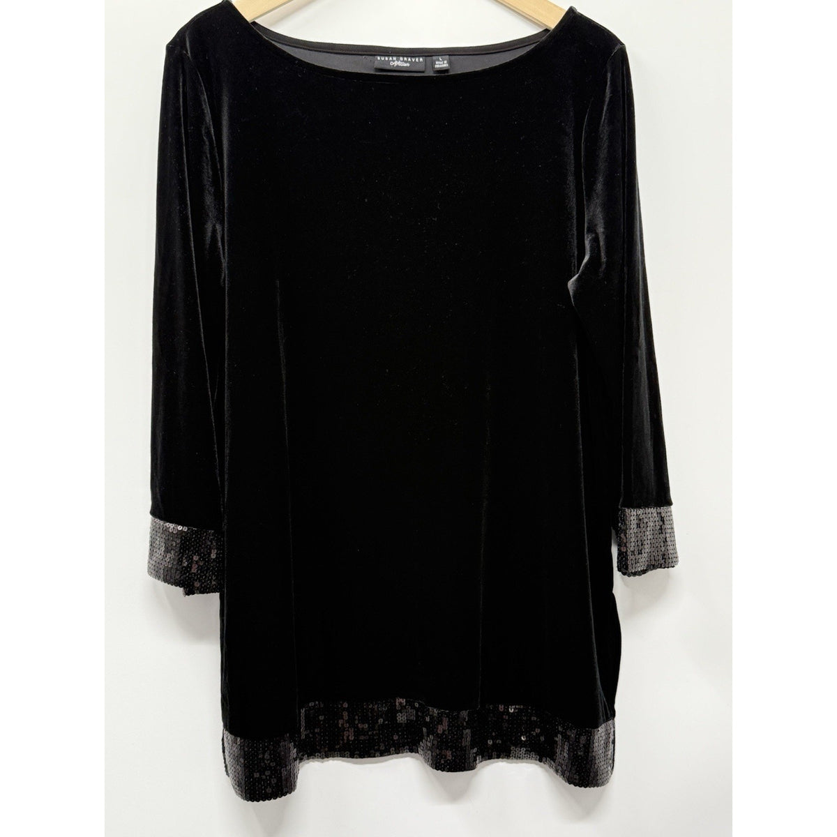 Susan Graver Womens L Black Velvet Tunic Blouse Sequin Trim 3/4 Sleeve