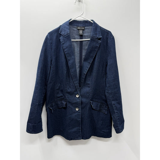 D.F.A New York Denim Blazer Women Long Sleeve Button Front Blue Sz XL Stretch