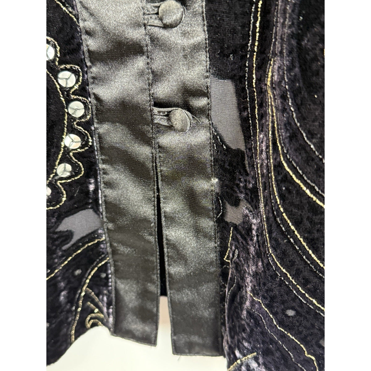 Chico’s Black Velvet Embellished Blouse Size 2 Silk Rayon Beaded Button Front