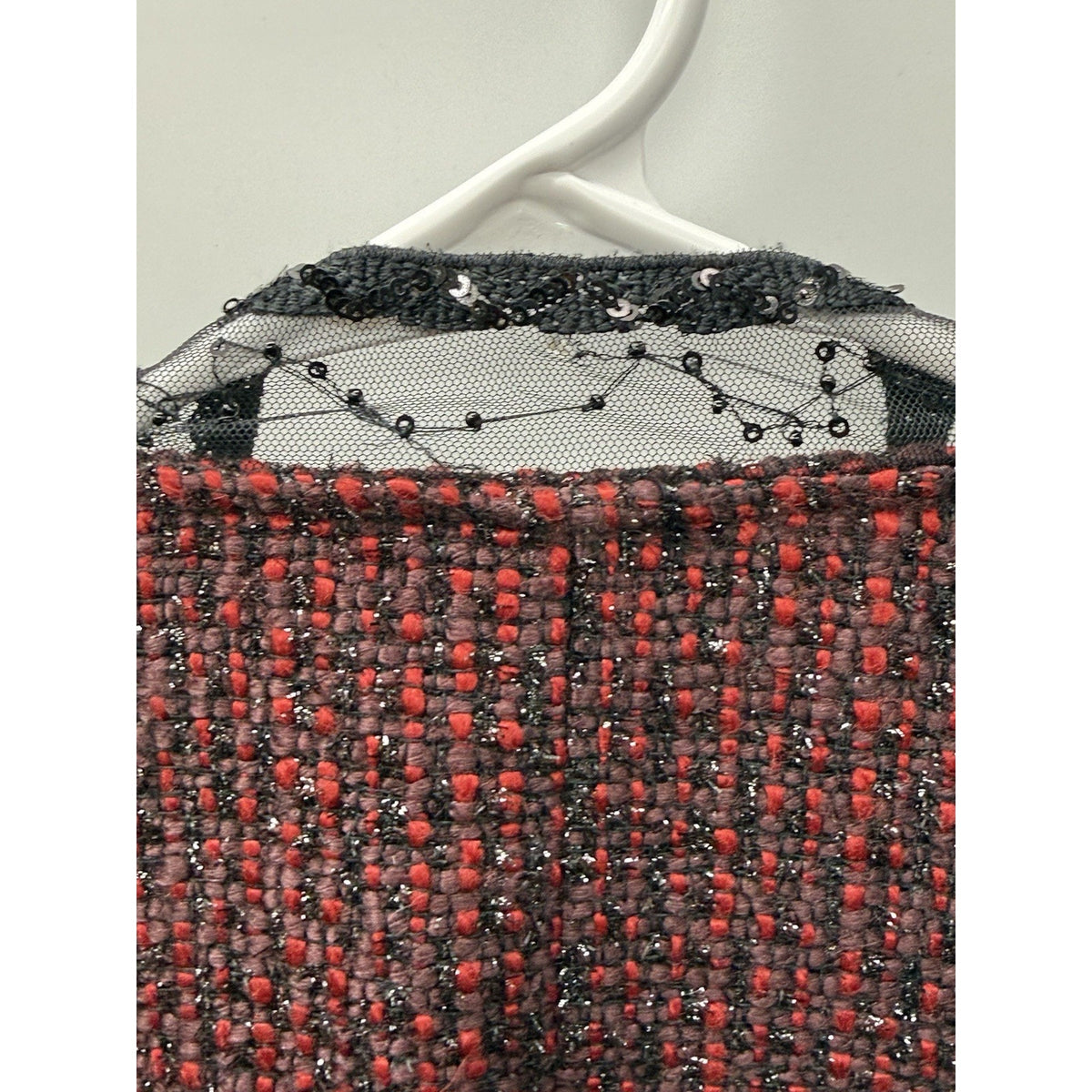 Chicos 2 Tweed Jacket Beaded Sequin Lace Holiday Evening Career Red Black XL