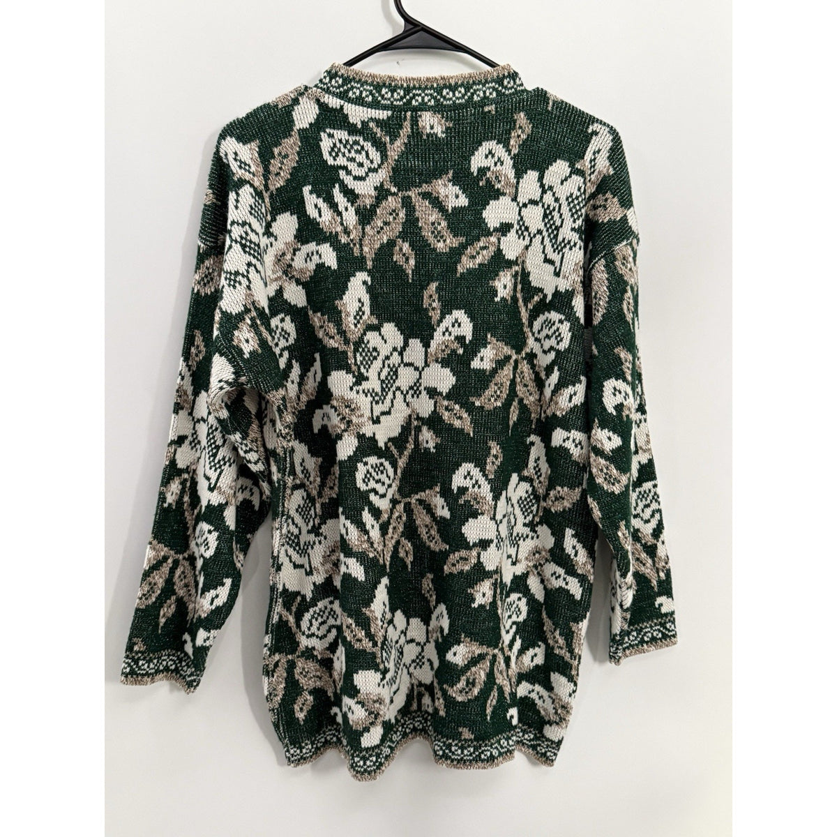 Vintage Holiday Time Sweater Womens L Green Lurex Metallic Floral Made USA