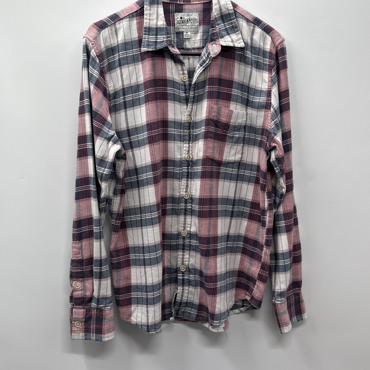 Lucky Brand Saturday Stretch Plaid Flannel Shirt Mens Medium M Rose Pink Blue