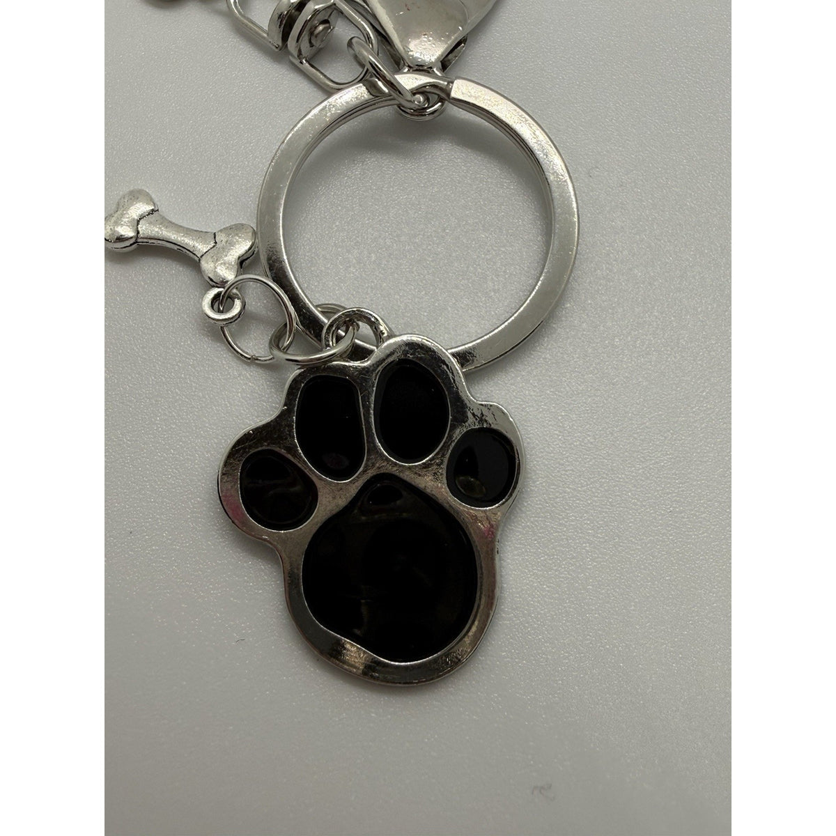 Dog Lover Purse Charm Keychain Paw Print Bone I Love My Dog Silver Tone