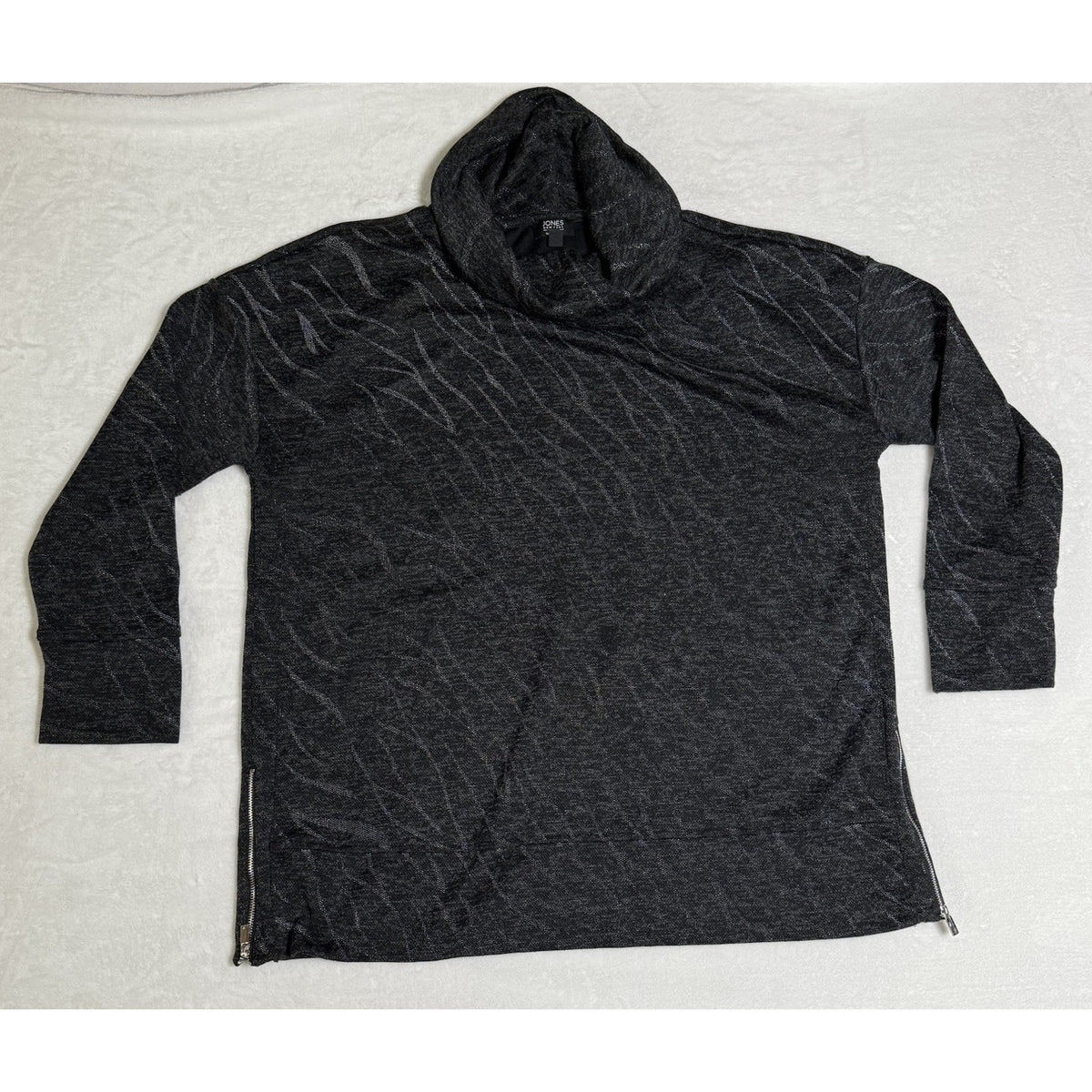Jones New York Signature XL Cowl Neck Tunic Top Black Gray Side Zip