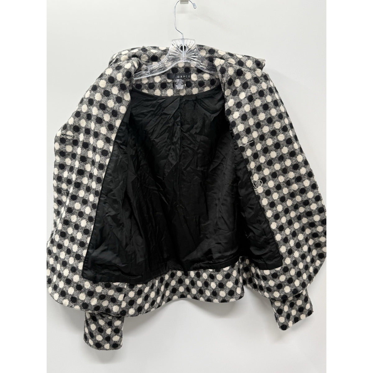 Grace Wool Blend Jacket Womens Size 4 Black Ivory Check Missing Belt Lined