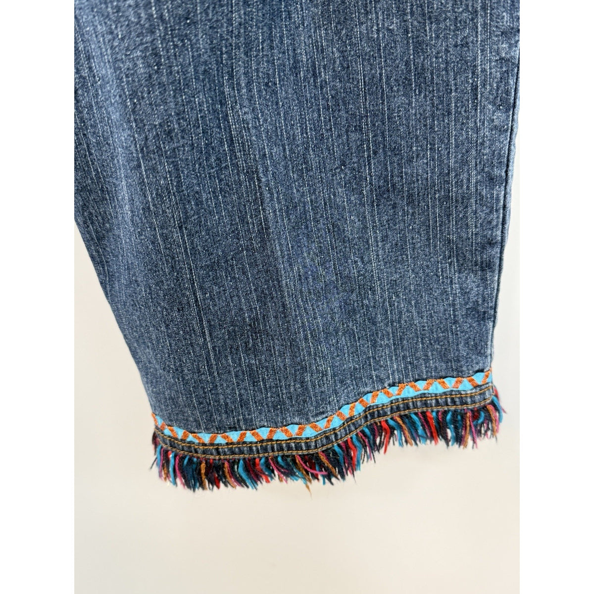 Ruby Rd Capri Jeans Womens 14 Embellished Beaded Fringe Hem Stretch Denim Blue