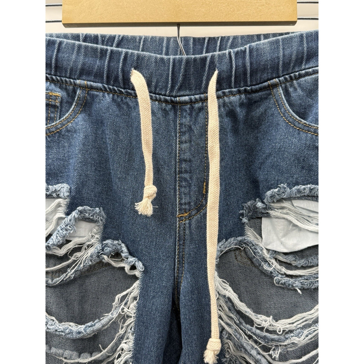 American Bazi Distressed Drawstring Jeans Women Size Large Blue Denim Grunge