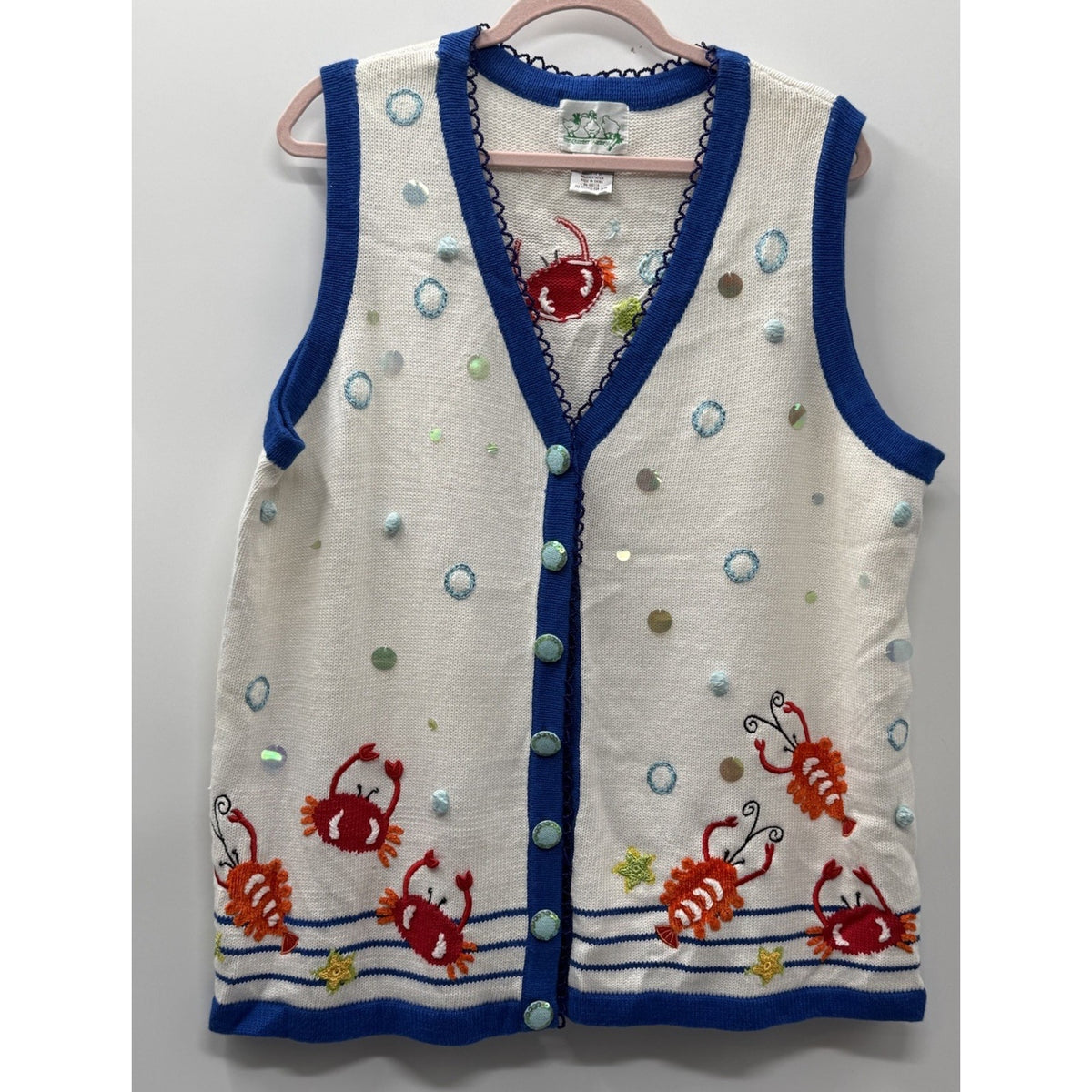 Quacker Factory 1X Nautical Crab Sweater Vest Cardigan White Blue Sequin Beach