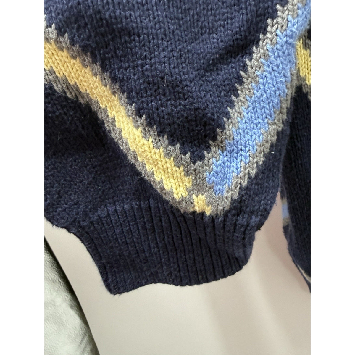 Alan Fusser Men L 100% Cotton Argyle Sweater Navy Blue Yellow Preppy Crewneck