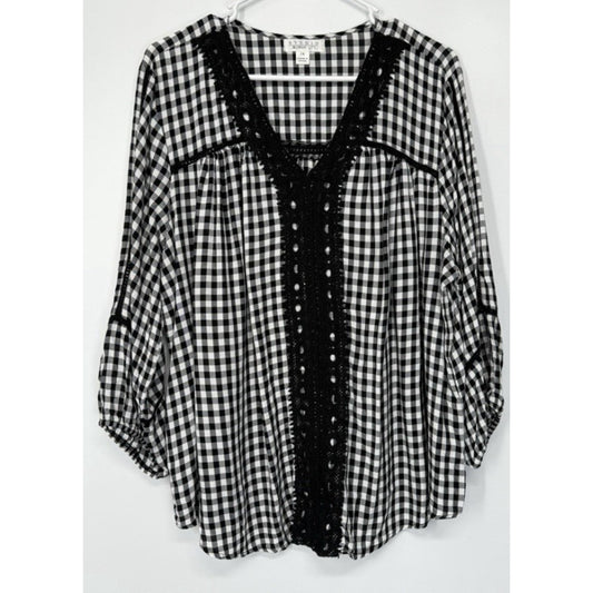 Studio Woman JPR 1X Black Gingham Blouse Rayon Crochet Trim Boho Tunic Top