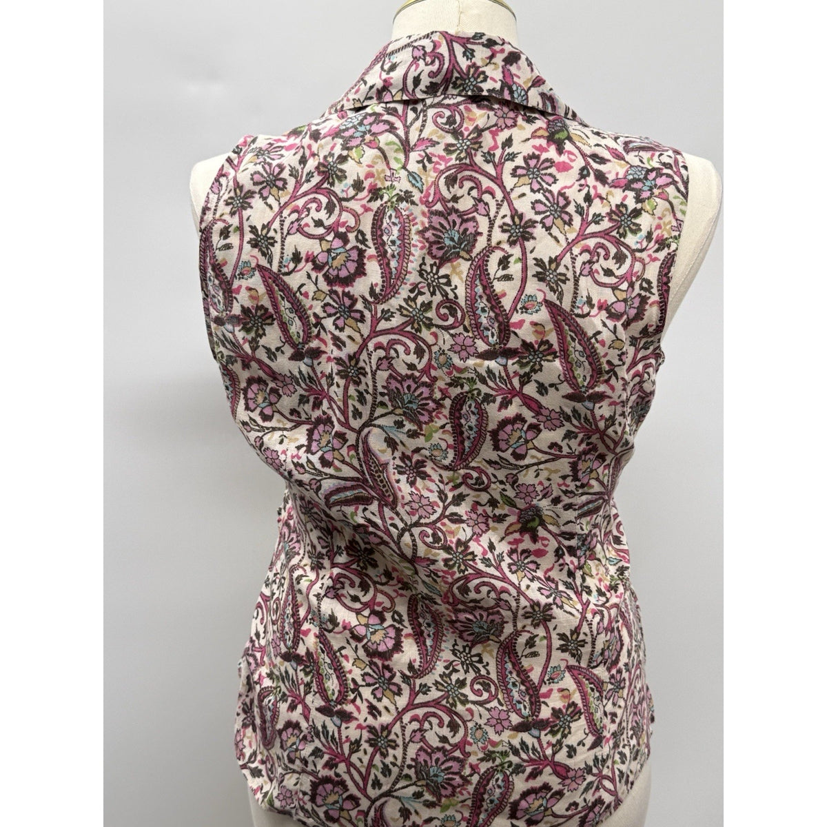 Harold’s Women’s L 100% Linen Blouse Pink Paisley Floral Tie Waist Sleeveless