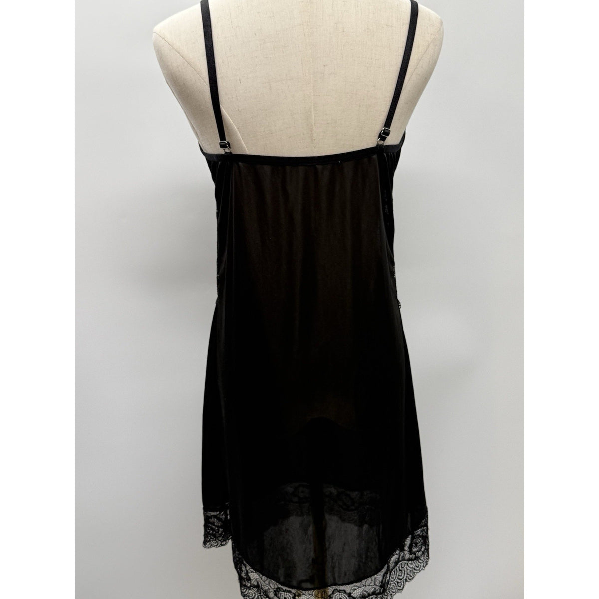Tracy Black Satin Lace Slip Dress Adjustable Straps Romantic Lingerie Goth Sz L