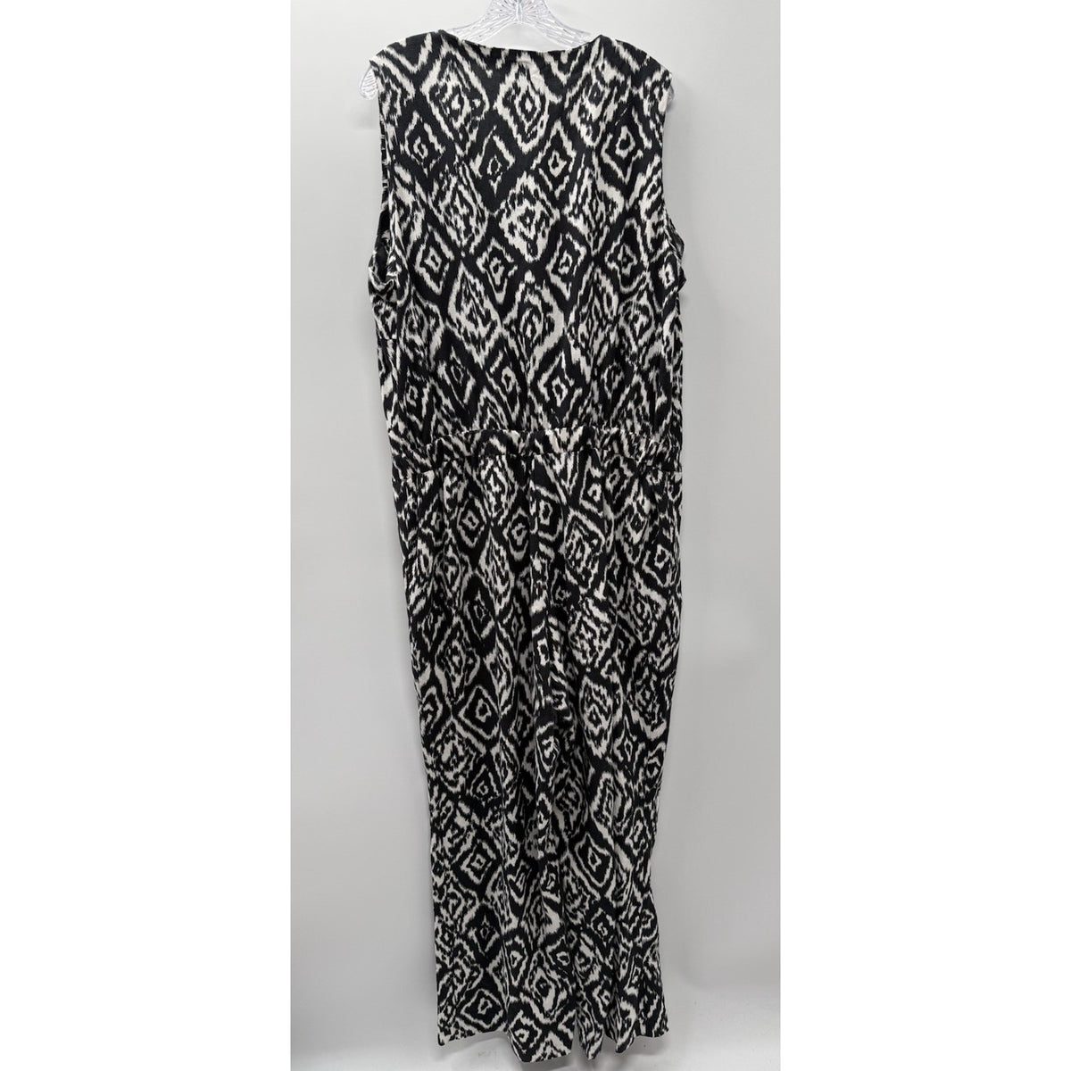 Ashley Stewart Linen Blend Jumpsuit Size 20 Black Tan Ikat Zip Slash Pockets
