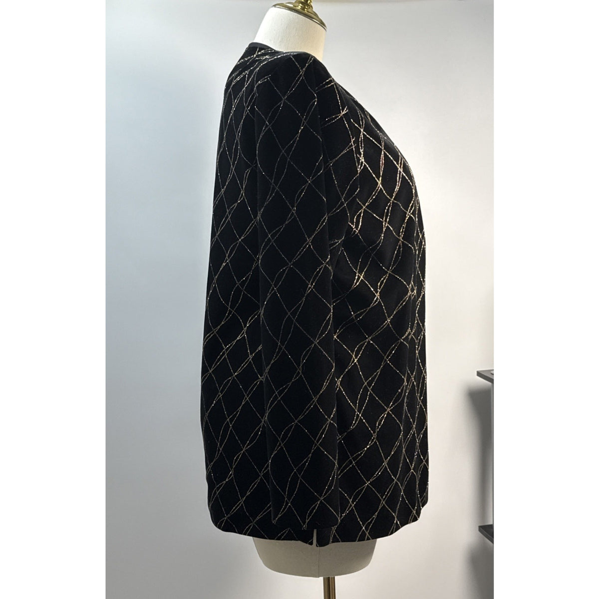 J.B.S. LTD. Size 12 Vintage Velvet Metallic Grid Open Front Jacket Black/Gold