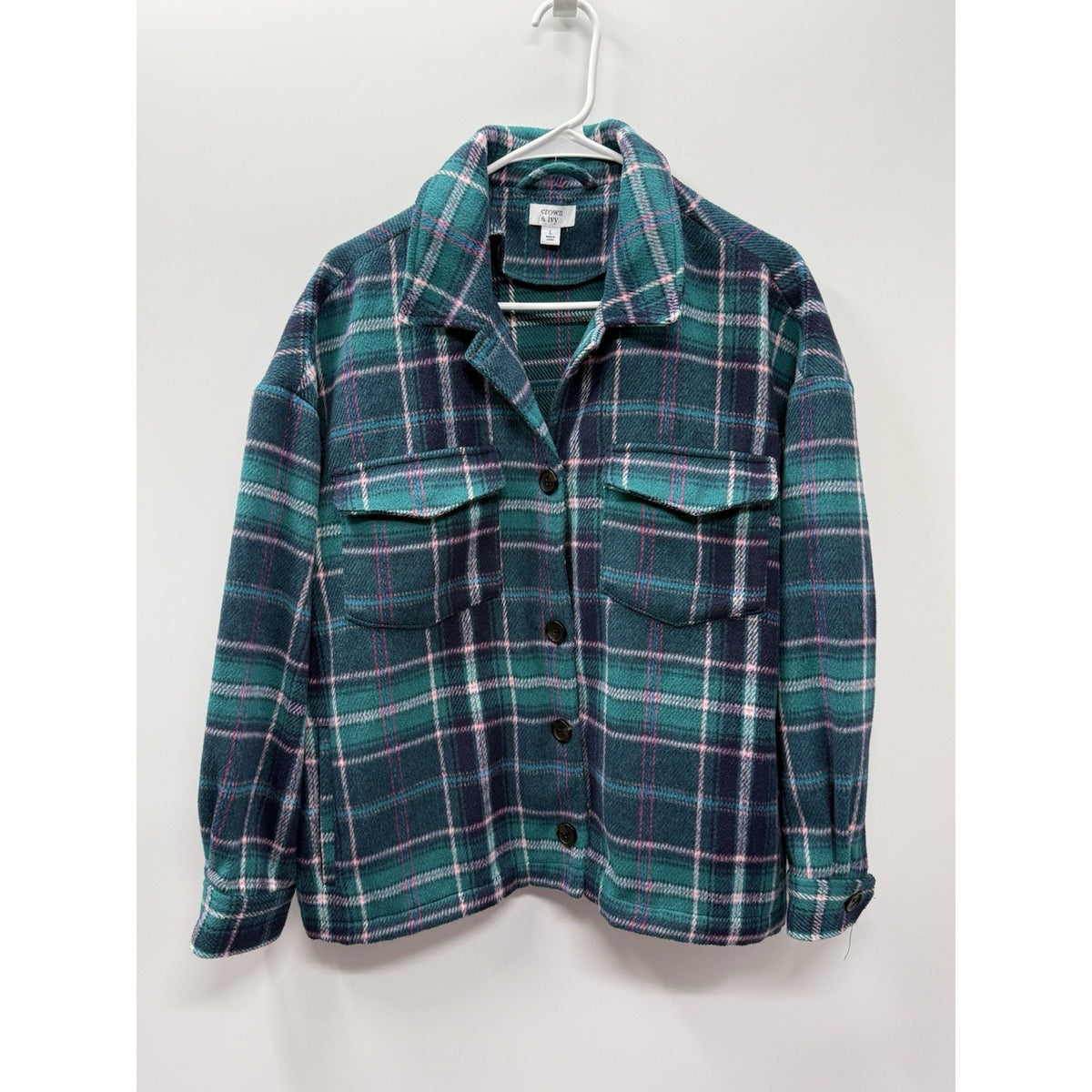 Crown & Ivy Plaid Jacket Womens Large Green Wool Blend Button Front Heavyweight