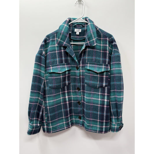 Crown & Ivy Plaid Jacket Womens Large Green Wool Blend Button Front Heavyweight