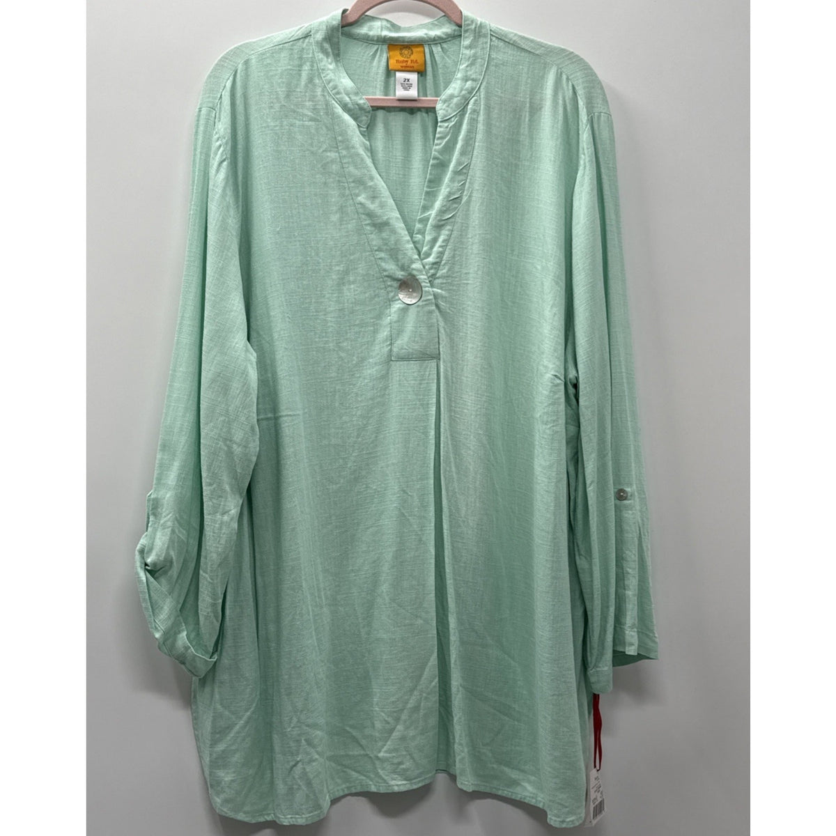 Ruby Rd. Pullover Tunic Top 2X Green Linen Blend Minimalist Roll Tab Sleeves