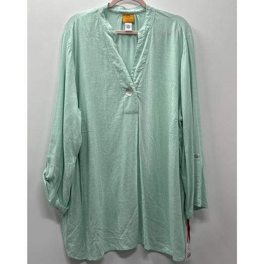 Ruby Rd. Pullover Tunic Top 2X Green Linen Blend Minimalist Roll Tab Sleeves