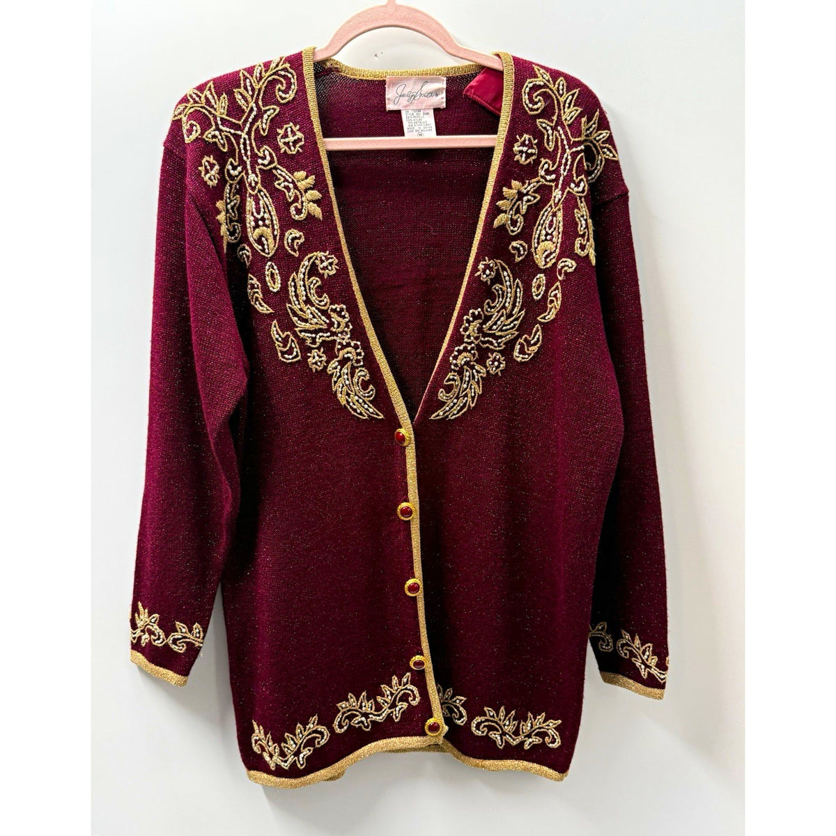 Vintage Jaclyn Smith Cardigan M Burgundy Gold Beaded Metallic Embroidered