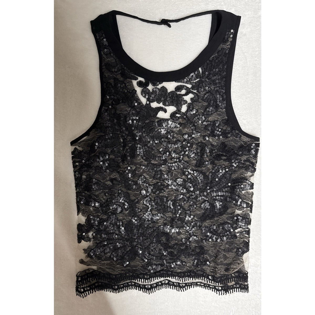 Astr women's black sheer lace floral sequin Sleeveless Top Evening Sz XSmall
