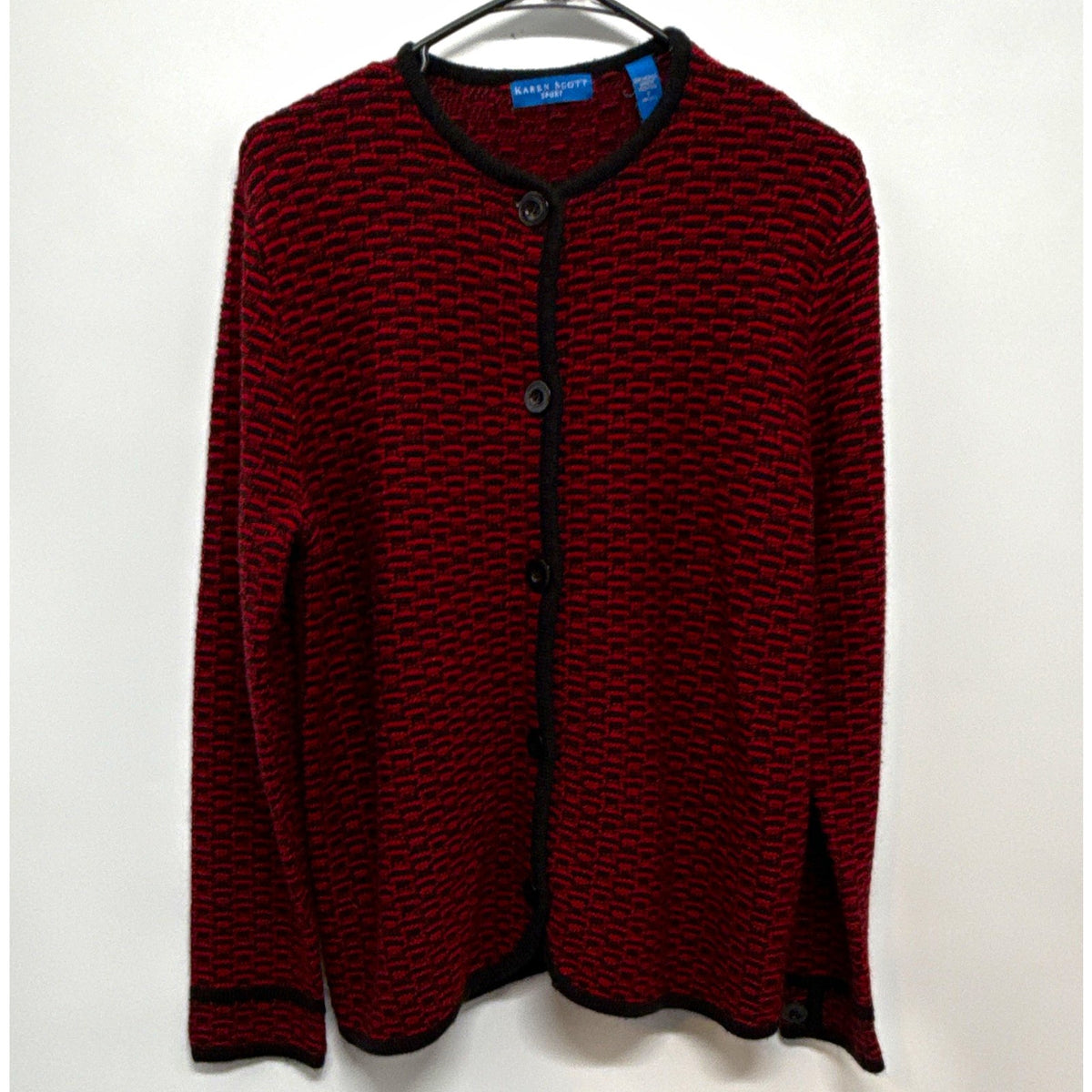 Karen Scott Sport Women’s Cardigan Sweater L Red/Black Knit Acrylic Button