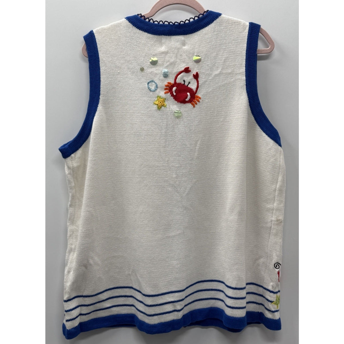 Quacker Factory 1X Nautical Crab Sweater Vest Cardigan White Blue Sequin Beach