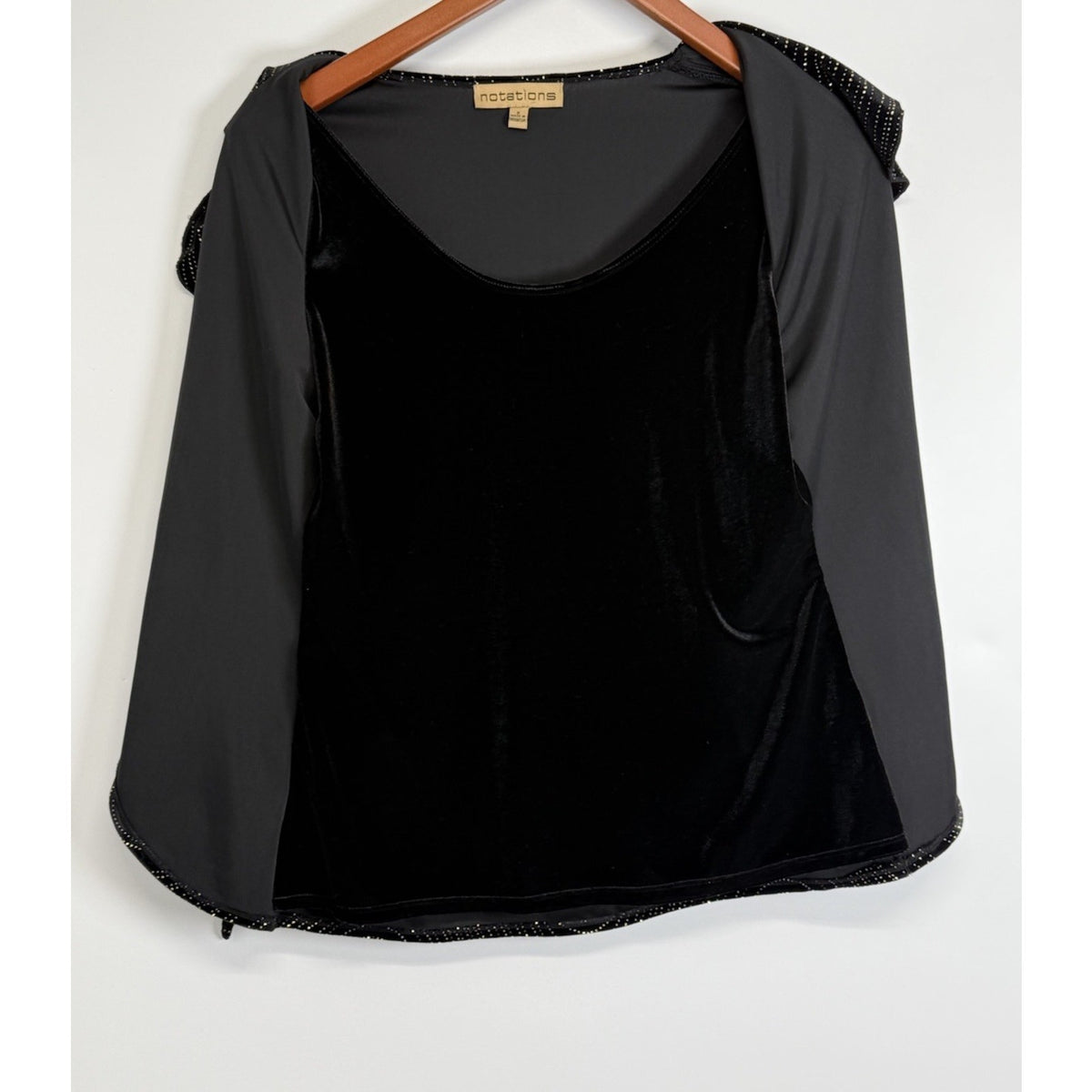 Notations Black Faux Twinset Women’s Velvet Gold Dot Open Front Jacket Top Sz S