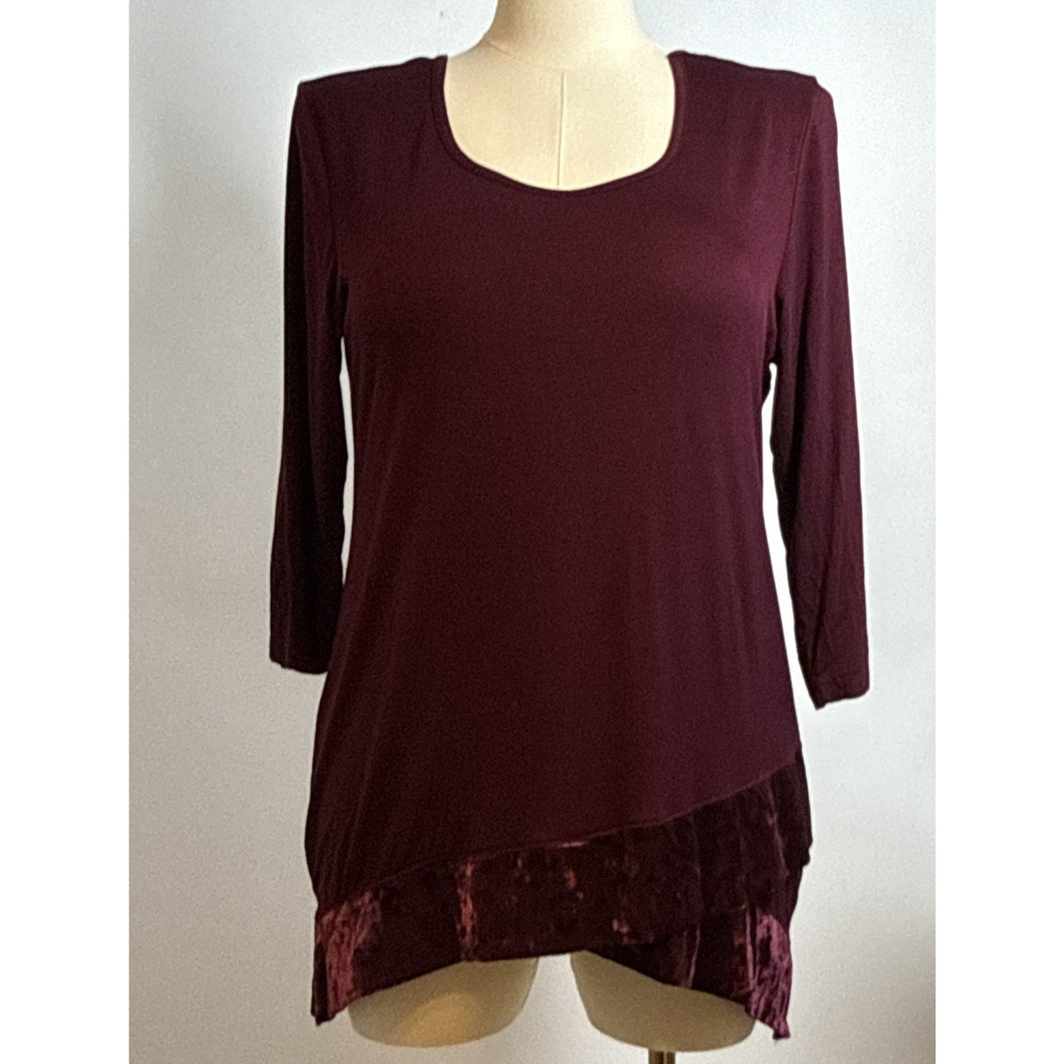 Cha Cha Vente Womens Plus Burgundy Scoop Neck Tunic 3/4 Sleeve Stretch Velvet