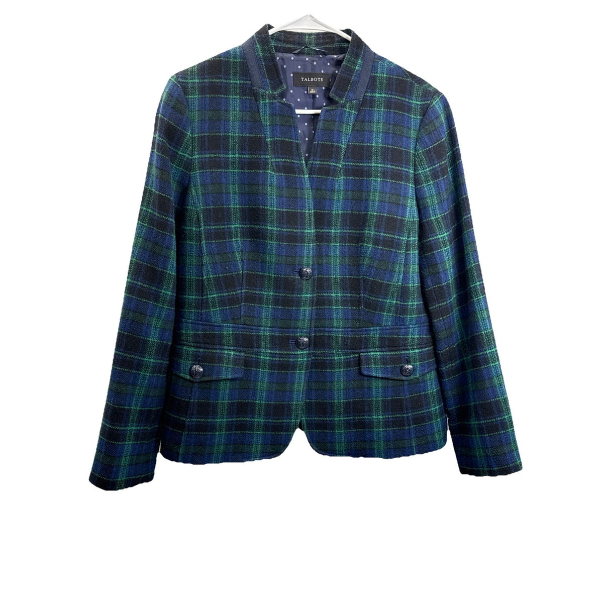 Talbots Womens Wool Blend Black Watch Plaid Blazer Jacket Blue Green Size 12