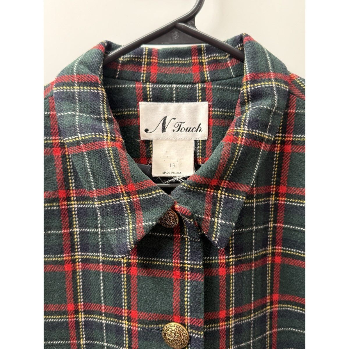 Vintage N Touch Blazer Womens 16 Green Tartan Plaid Wool Gold Button USA