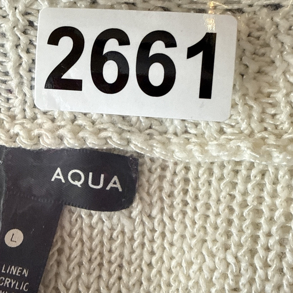 AQUA Striped Knit Sweater Womens L Ivory Black Linen Blend Crew Neck
