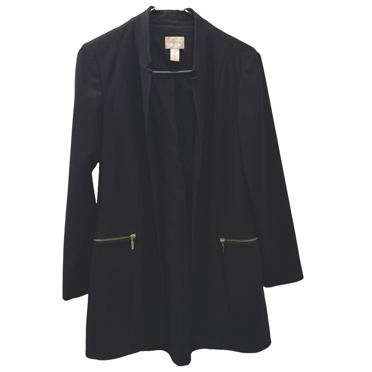 Chico's 0 Sz Small Jacket Black Sleek Crepe Duster Long Sleeve Gold Zip Open