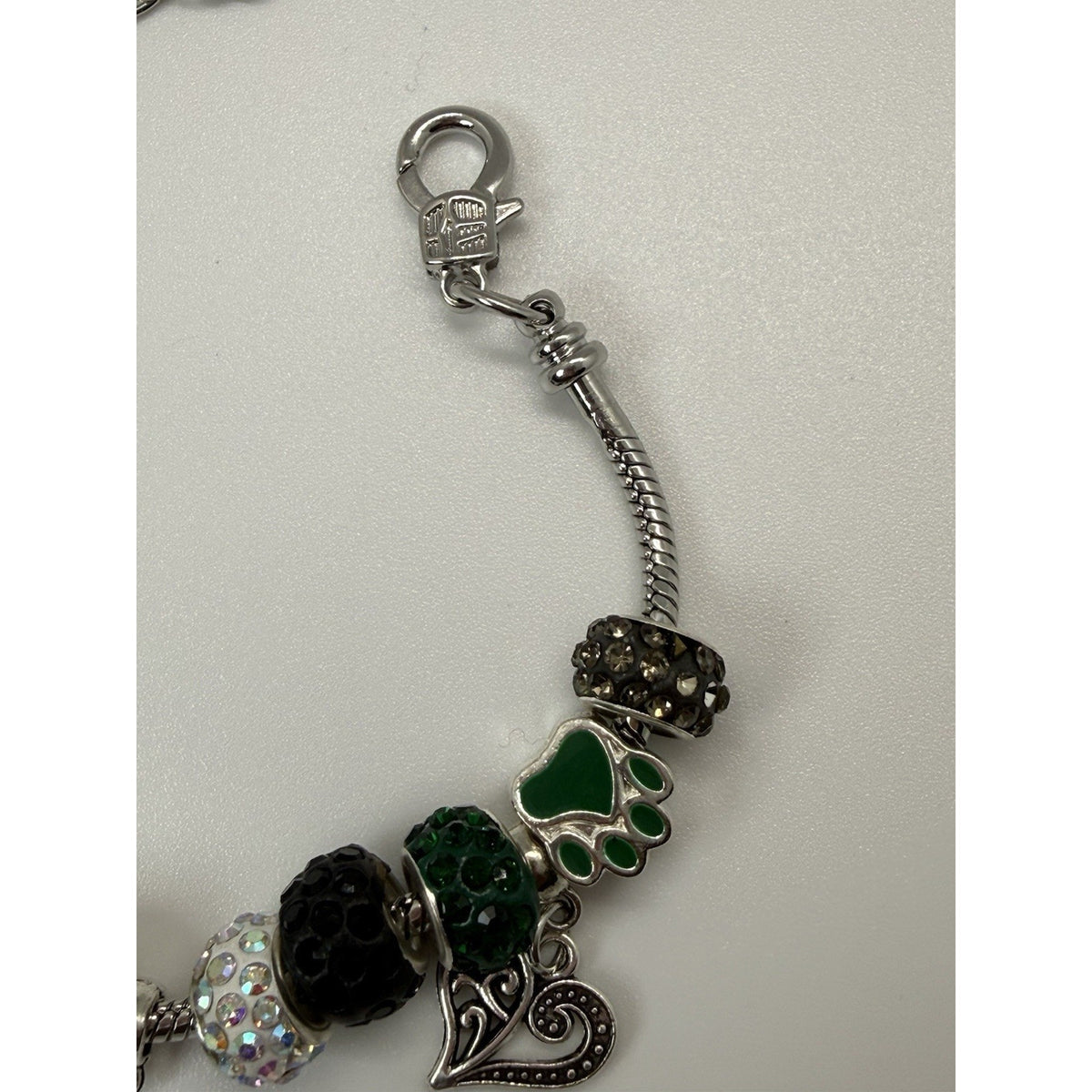 Handmade Dog Lover Charm Bracelet Paw Print Green Black Crystal Beaded