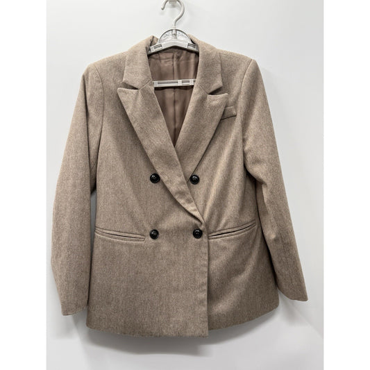 Herringbone Double Breasted Blazer Taupe Quiet Luxury Academia Jacket Medium