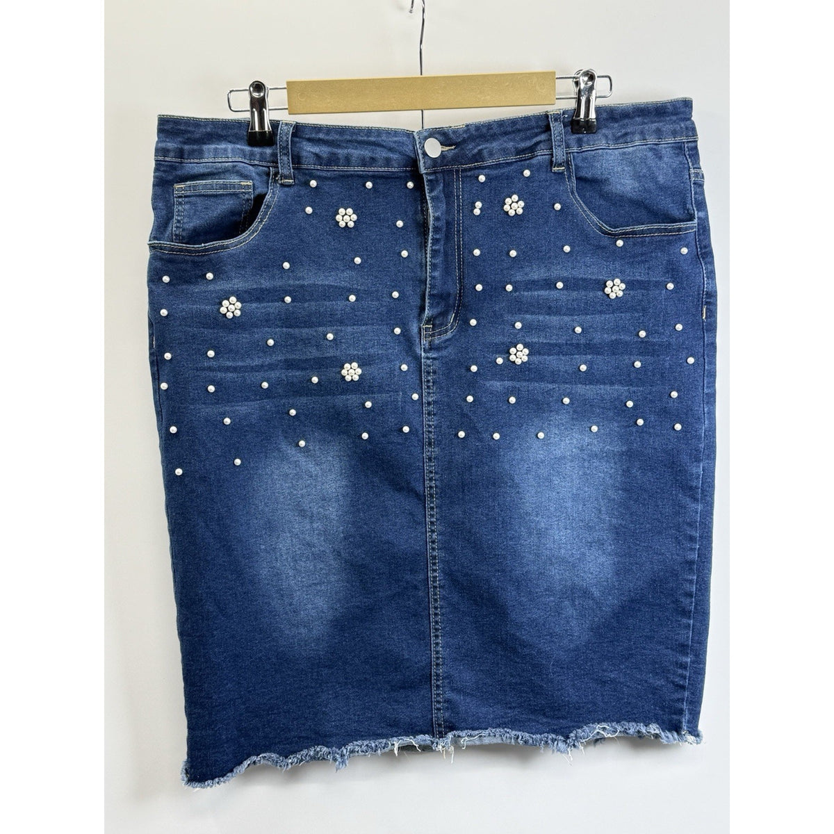 Plus Size Pearl Studded Denim Skirt 3XL Frayed Hem Stretch Jean