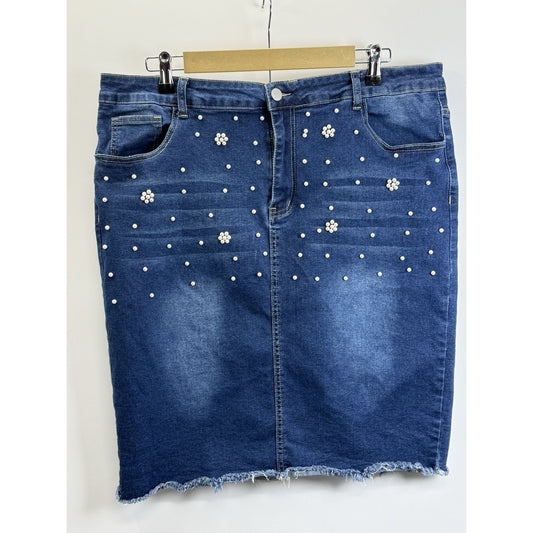 Plus Size Pearl Studded Denim Skirt 3XL Frayed Hem Stretch Jean