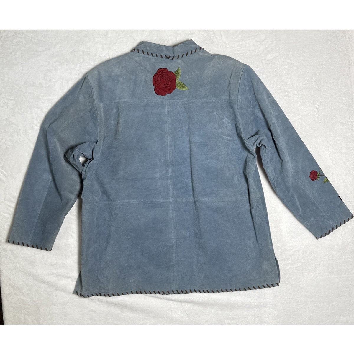 QUACKER FACTORY Womens Blue Suede Leather Red Roses Jacket Coat - Sz XL
