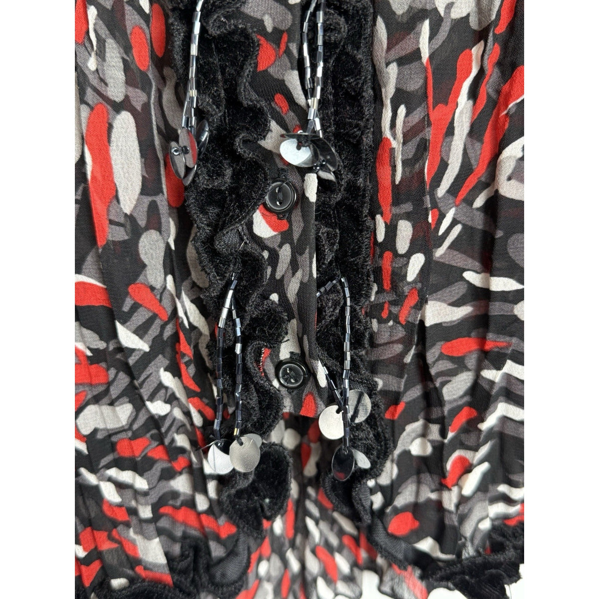 Choices Sheer Ruffle Blouse XL Black Red Beaded Sequin Trim Whimsigoth Fairy Top