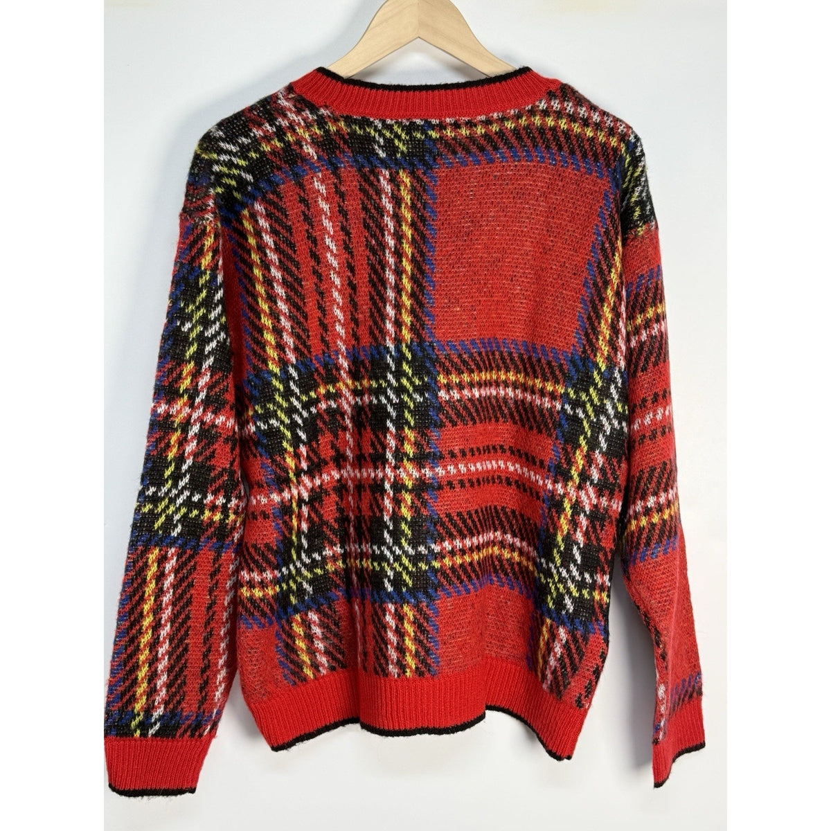 Time and Tru Red Plaid Knit Sweater Women Large 12–14 Cozy Fall Winter Pullover