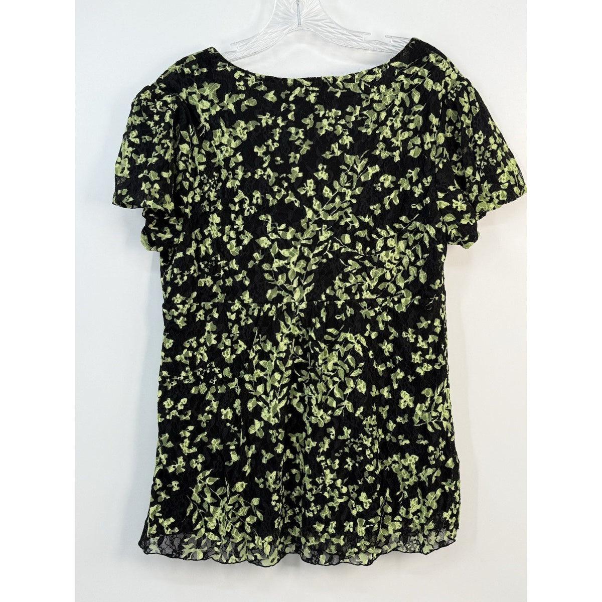 Style & Co Lace Floral Sheer Overlay Top Black Green L Lined Short Sleeve Women