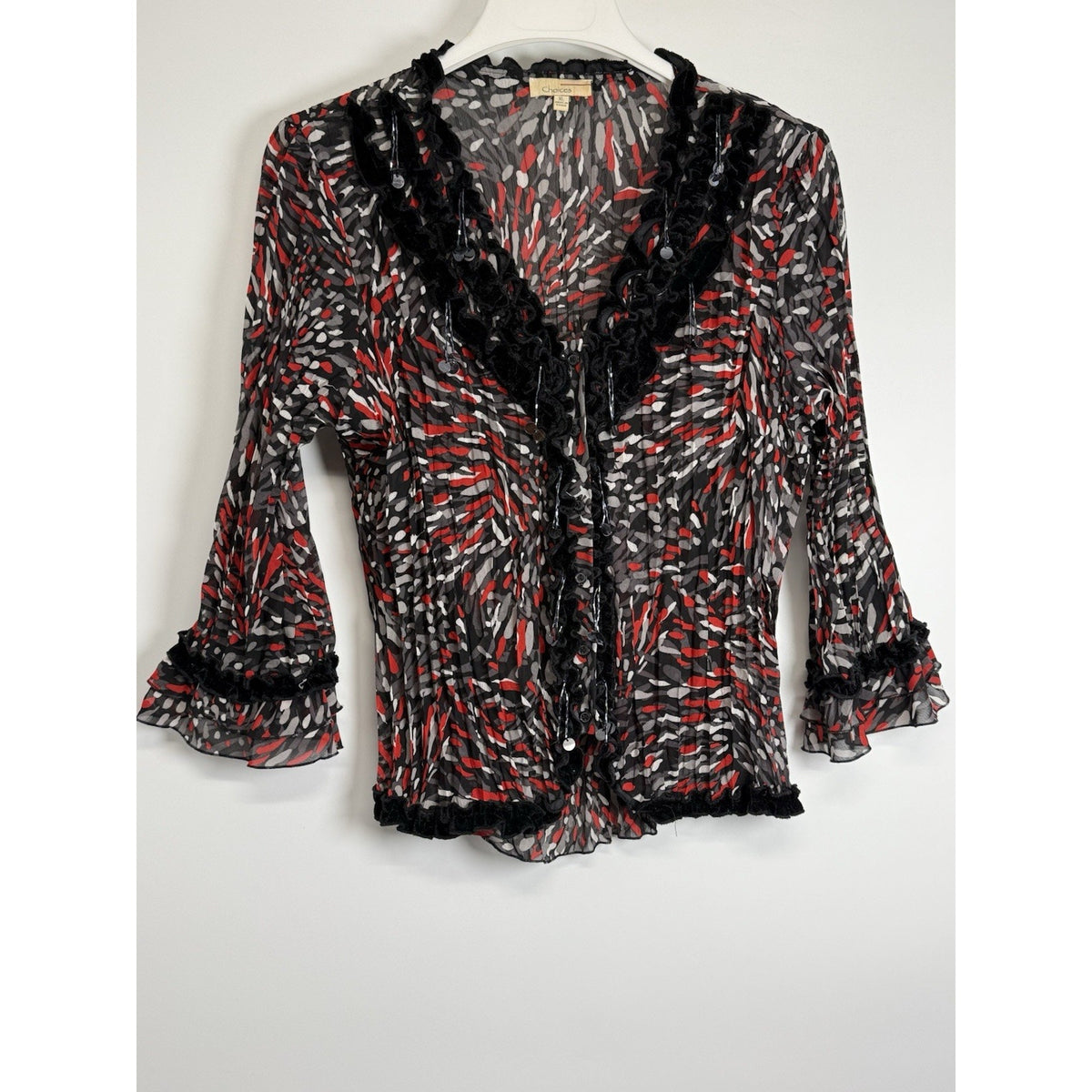 Choices Sheer Ruffle Blouse XL Black Red Beaded Sequin Trim Whimsigoth Fairy Top