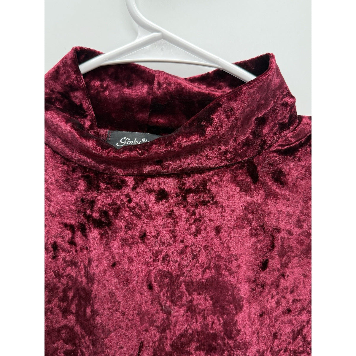 Slinky Brand L Burgundy Crushed Velvet Mock Neck Top Gothic Witchy Made USA