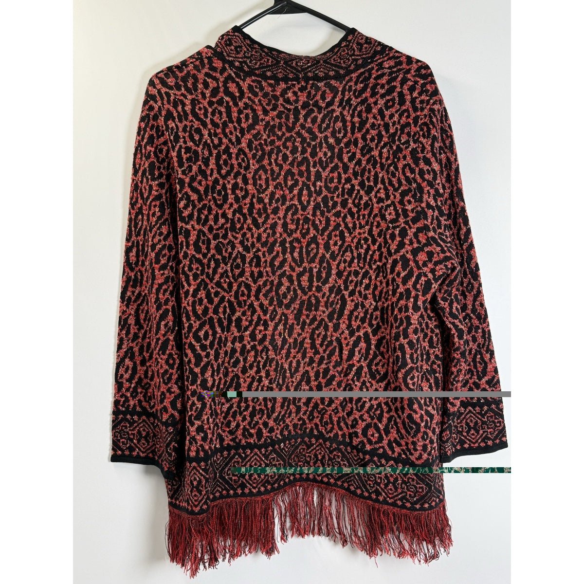 Ruby Rd Open Front Cardigan Sweater Fringe Hem Fall Colors XL Boho Animal Print