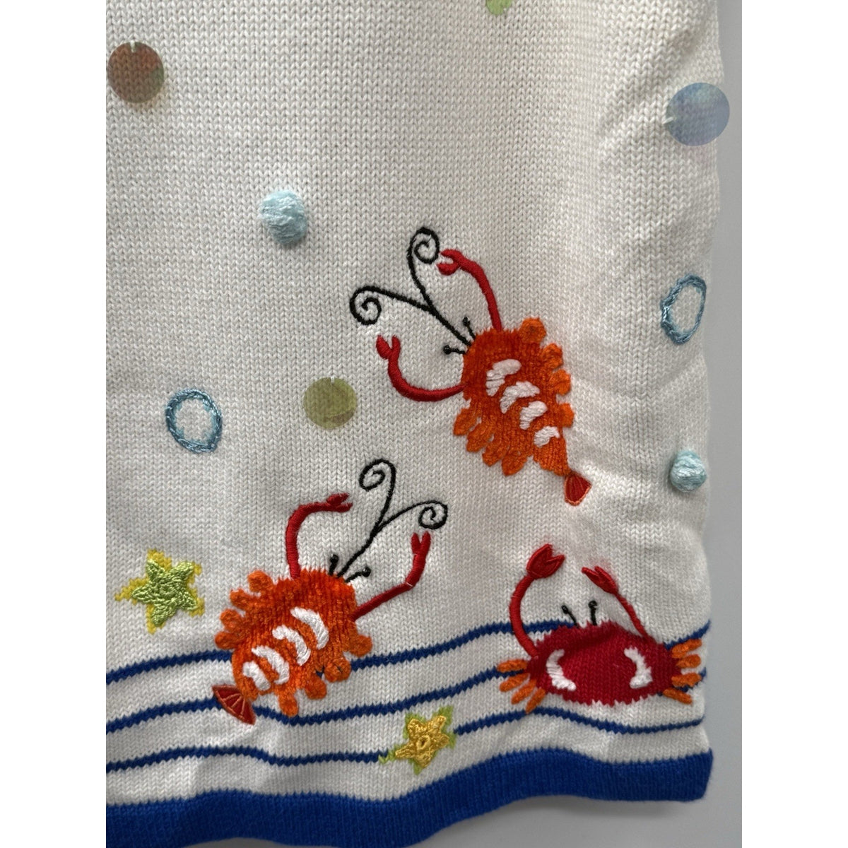 Quacker Factory 1X Nautical Crab Sweater Vest Cardigan White Blue Sequin Beach