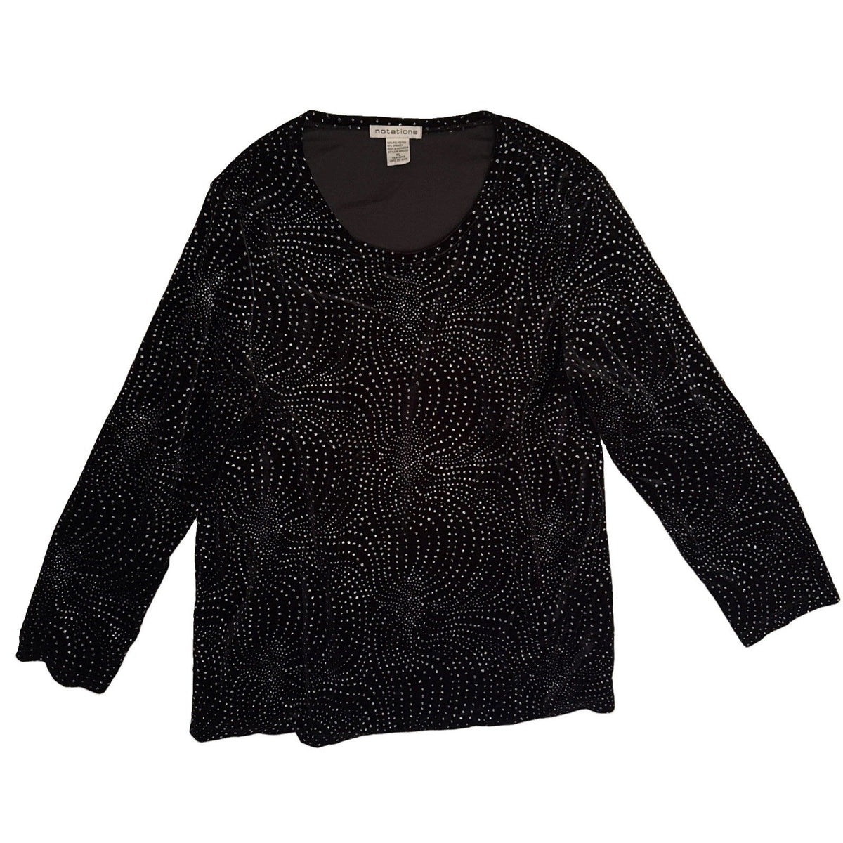 Notations Women’s XL Black Silver Glitter Velvet Top 3/4 Sleeve Stretch Party